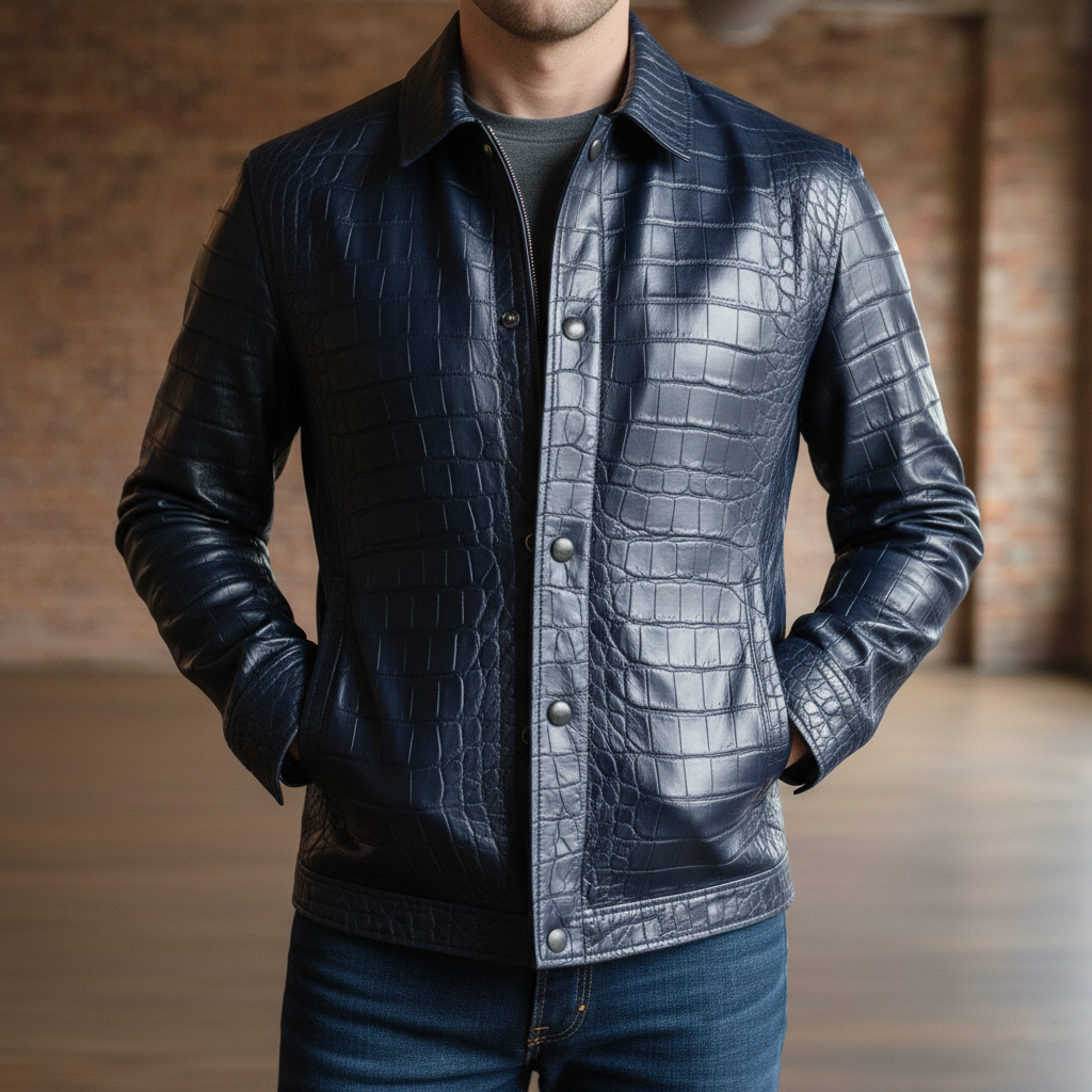 Luxury Blue Crocodile Embossed Leather Jacket
