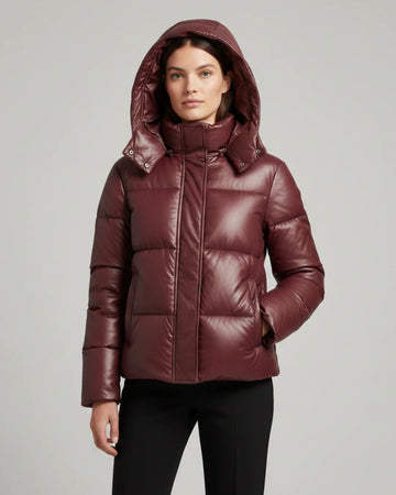 Women’s Burgundy Leather Puffer Jacket