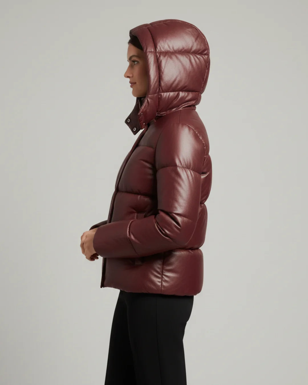 Women’s Burgundy Leather Puffer Jacket