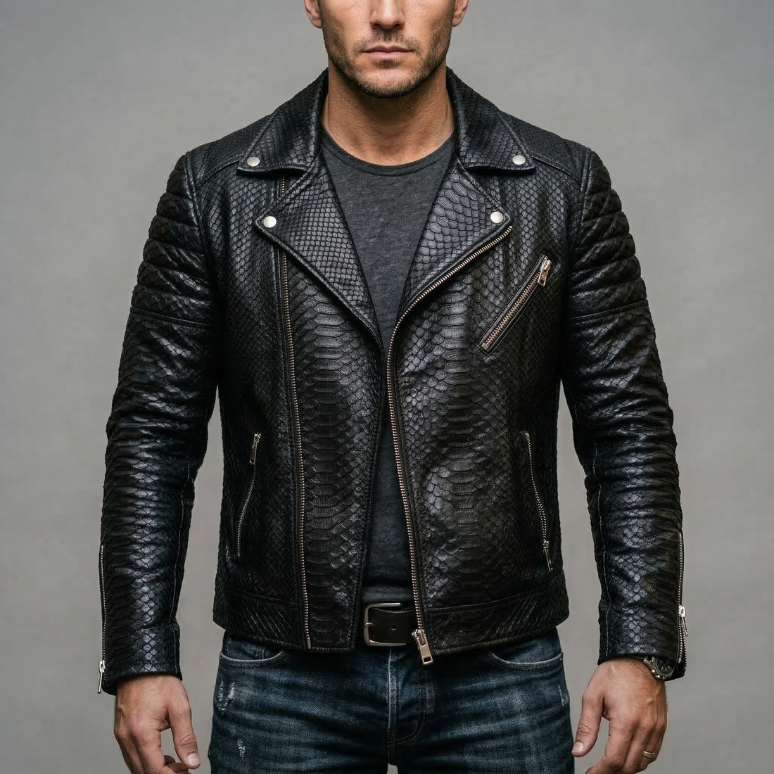 Black Croc Texture Genuine Leather Jacket
