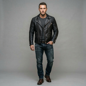 Black Croc Texture Genuine Leather Jacket