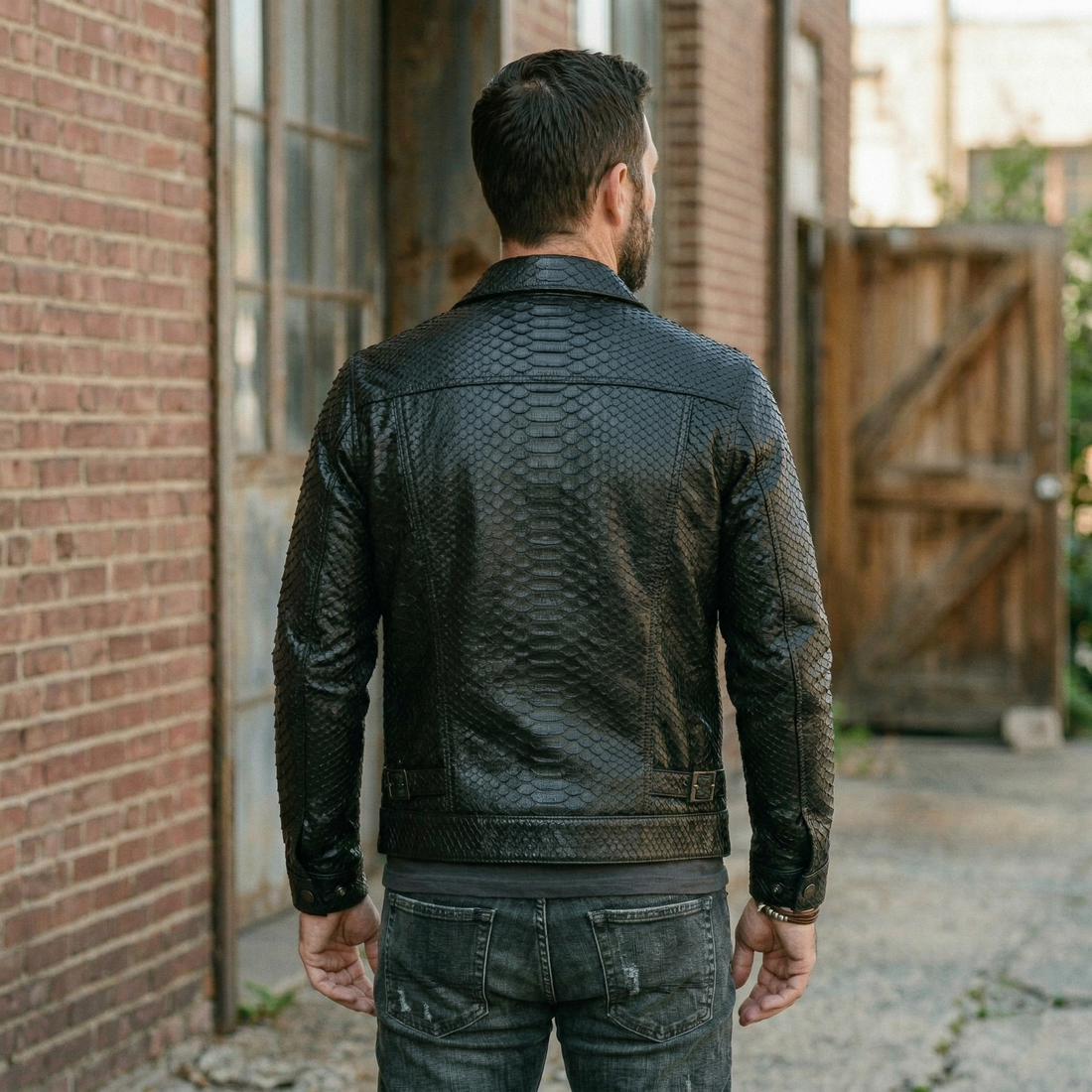 Men's Black Croc Embossed Moto Leather Jacket