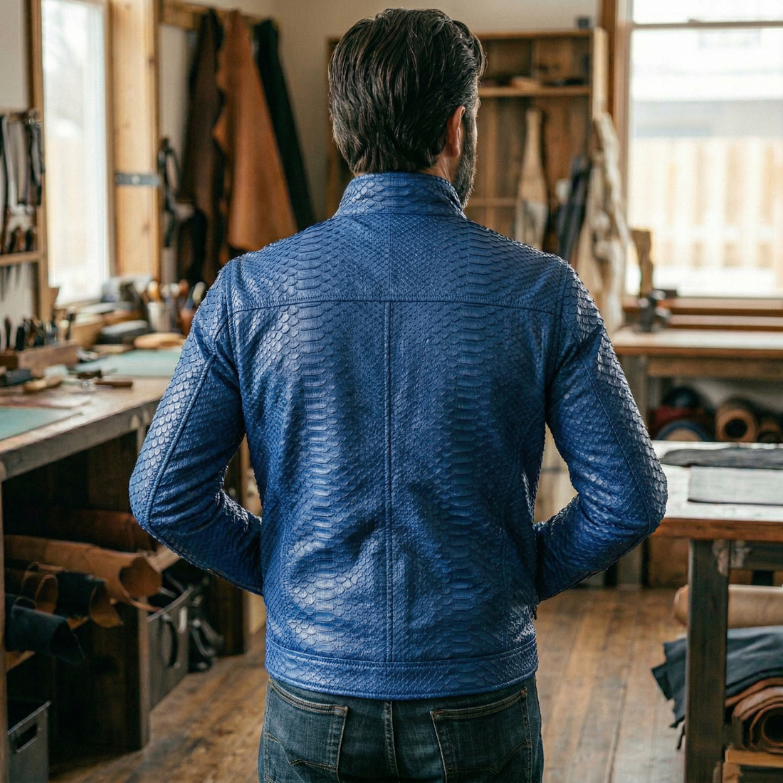 Luxury Blue Crocodile Embossed Leather Jacket