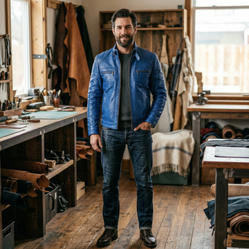 Luxury Blue Crocodile Embossed Leather Jacket