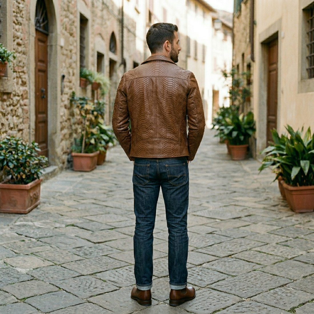 Luxury Brown Crocodile Embossed Leather Jacket