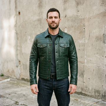 Luxury Green Crocodile Embossed Leather Jacket