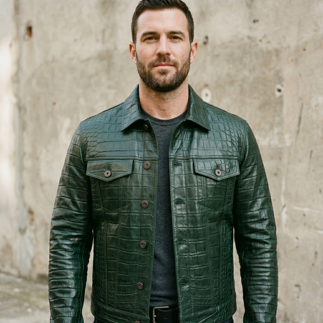 Luxury Green Crocodile Embossed Leather Jacket