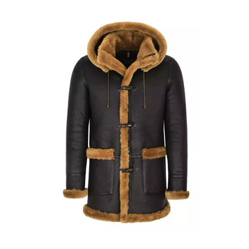 Men's Hooded Dark Brown Leather Shearling Coat