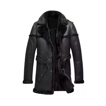 Men's Black Leather Shearling Long Coat