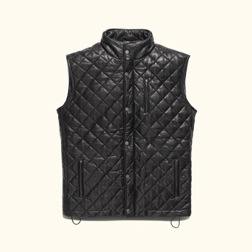 Men's Black Leather Diamond Cut Style Vest