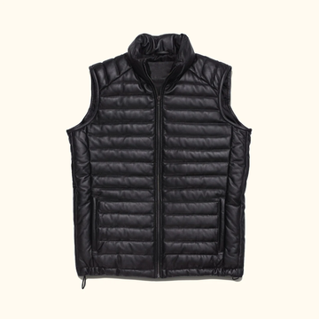 Men's Black Leather Sleeveless Puffer Jacket