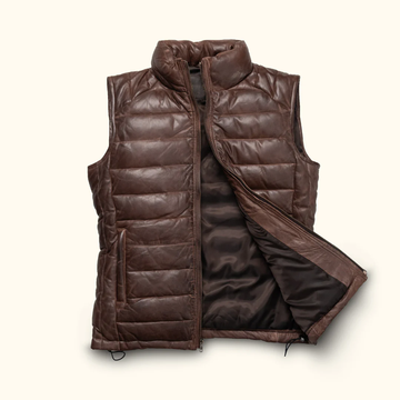 Men's Brown Sleeveless Puffer Leather Jacket