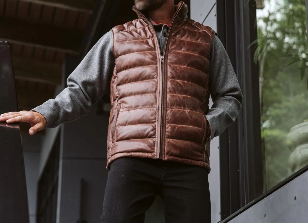 Men's Brown Sleeveless Puffer Leather Jacket