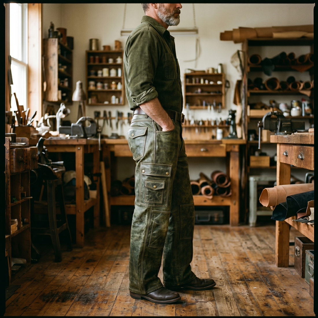 Men's Green Cargo Leather Pants