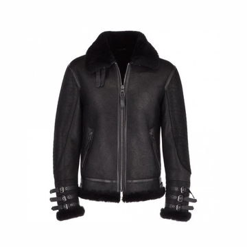 Men's Black Shearling Leather Bomber Jacket