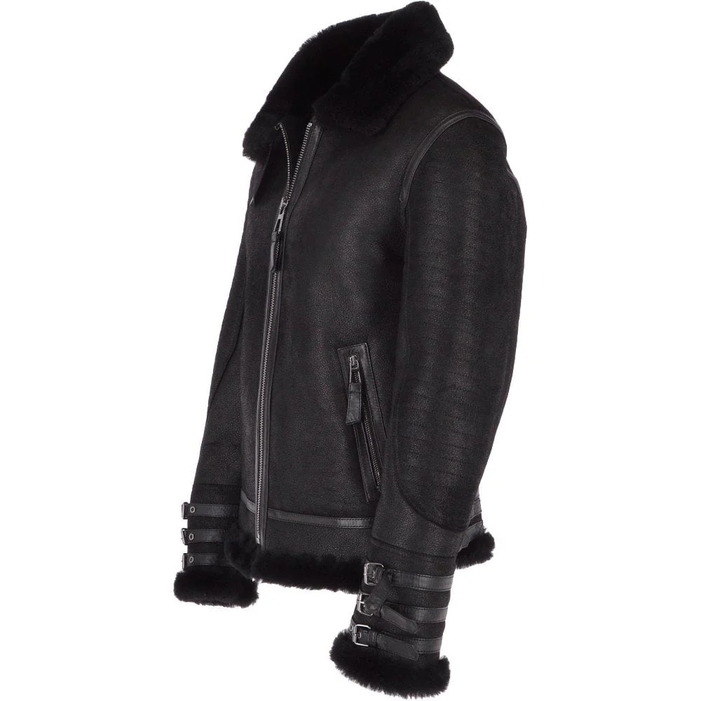 Men's Black Shearling Leather Bomber Jacket