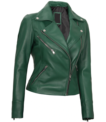Women's Green Leather Cafe Racer Jacket