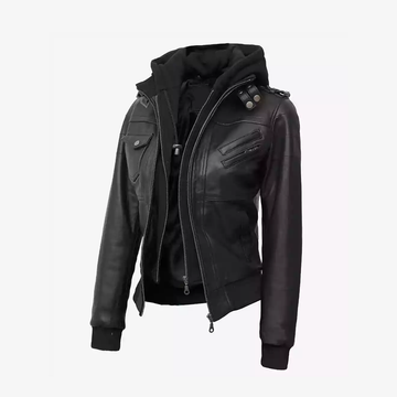 Women's Black Leather Hooded Jacket