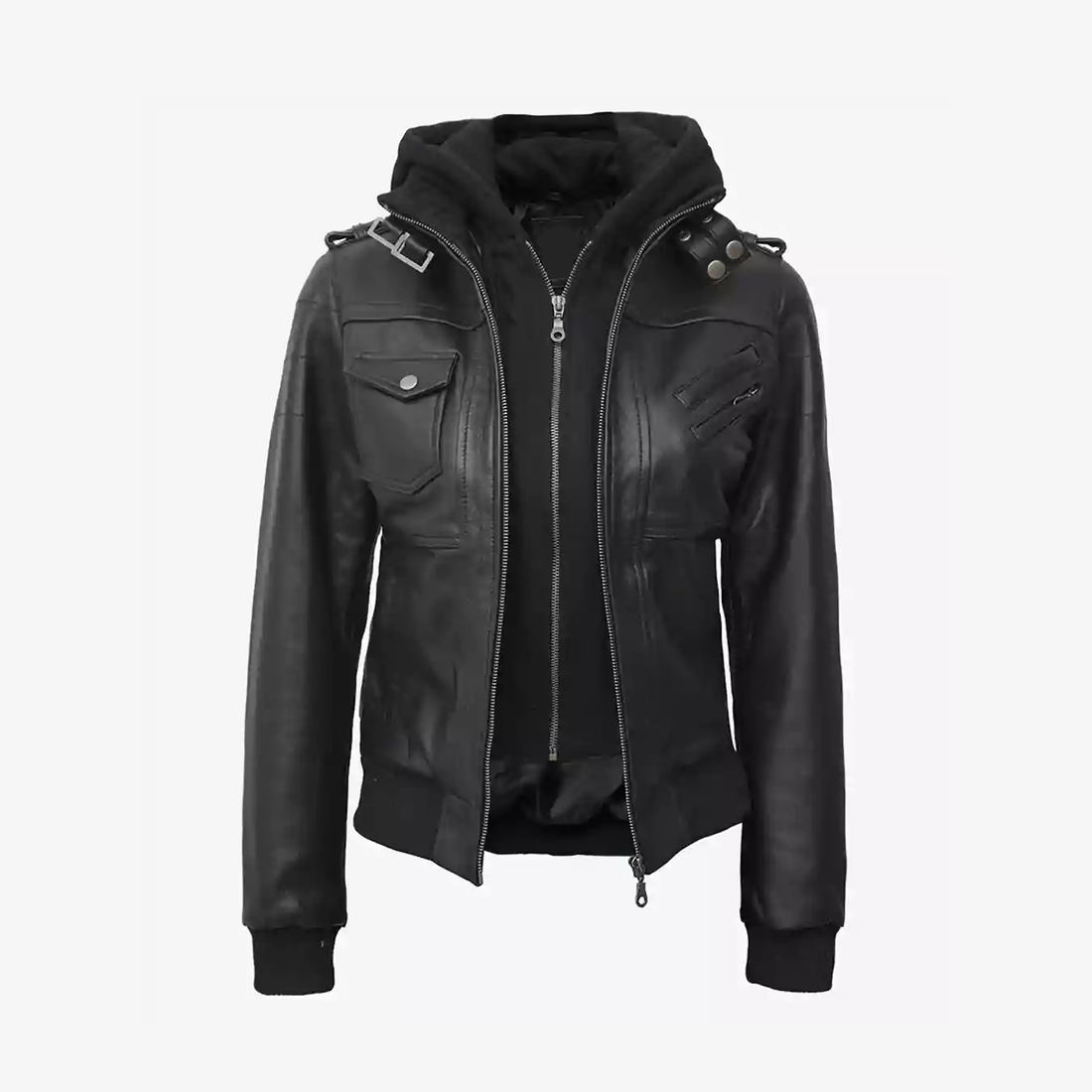 Women's Black Leather Hooded Jacket