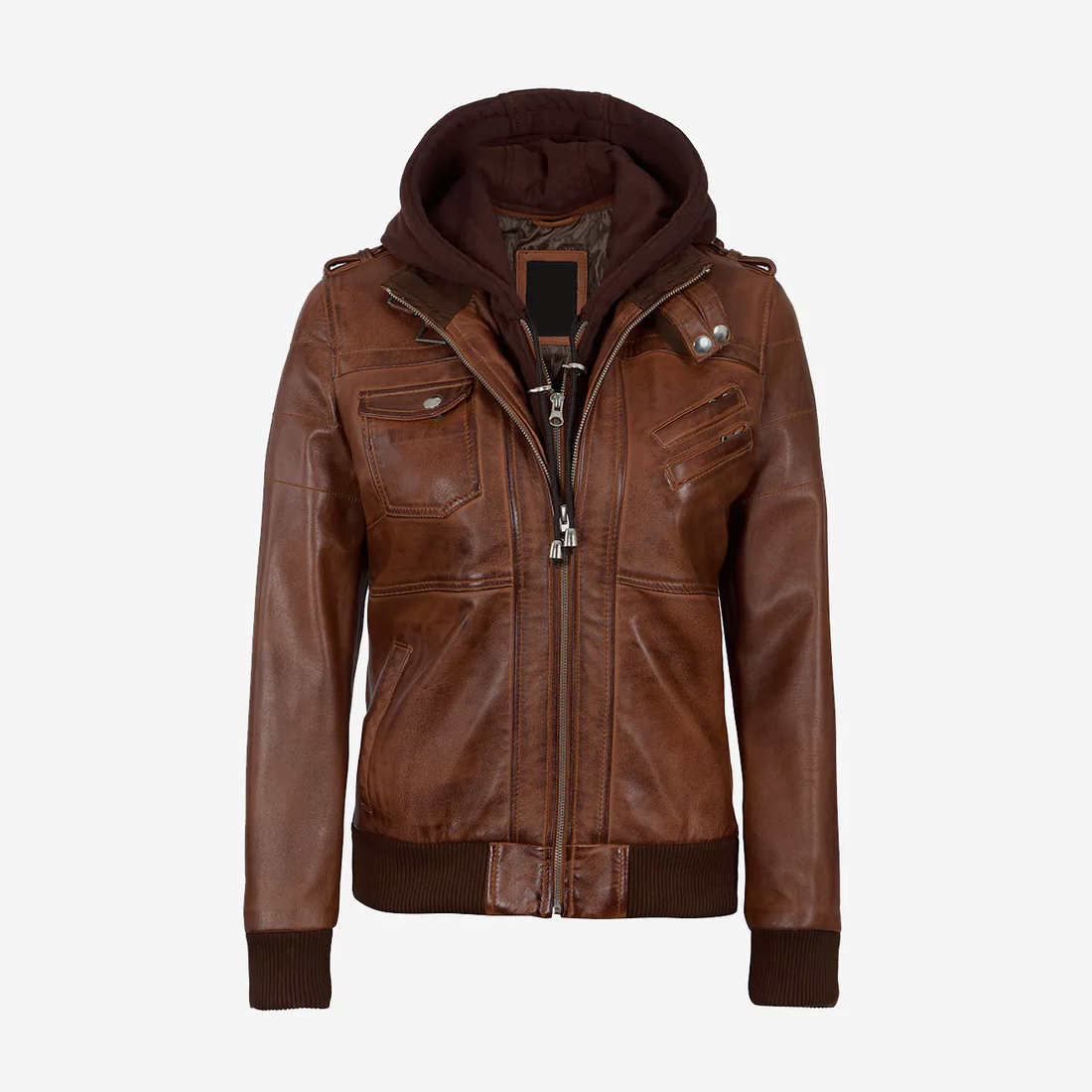 Women Brown Hooded Biker Leather Jacket
