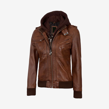 Women Brown Hooded Biker Leather Jacket