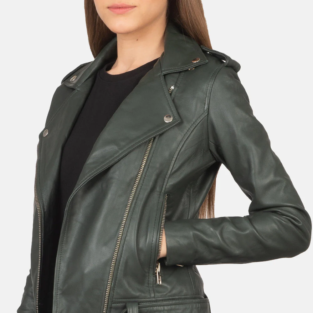 Women's  Green Biker Leather Jacket