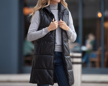 Women's Black Leather Hooded Puffer Long Length Coat