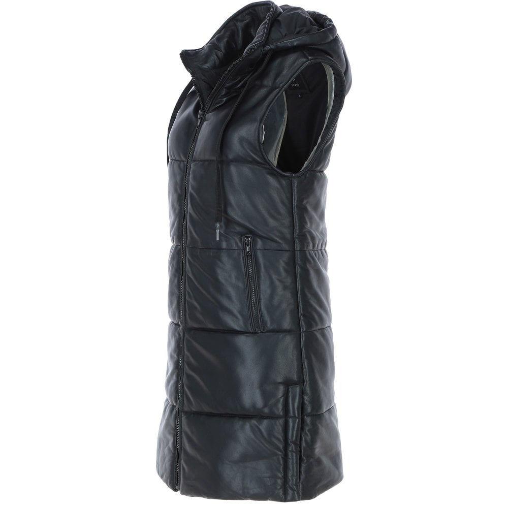 Women's Black Leather Hooded Puffer Long Length Coat