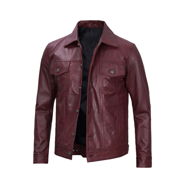 Men's Maroon Trucker Leather Jacket