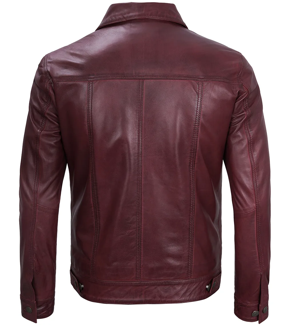 Men's Maroon Trucker Leather Jacket