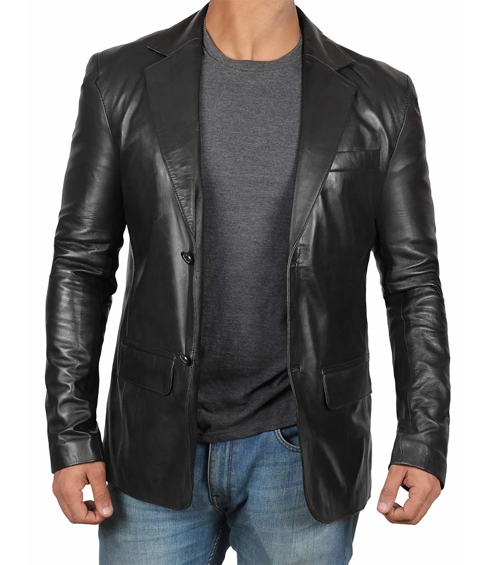 Men's Black Leather Blazer