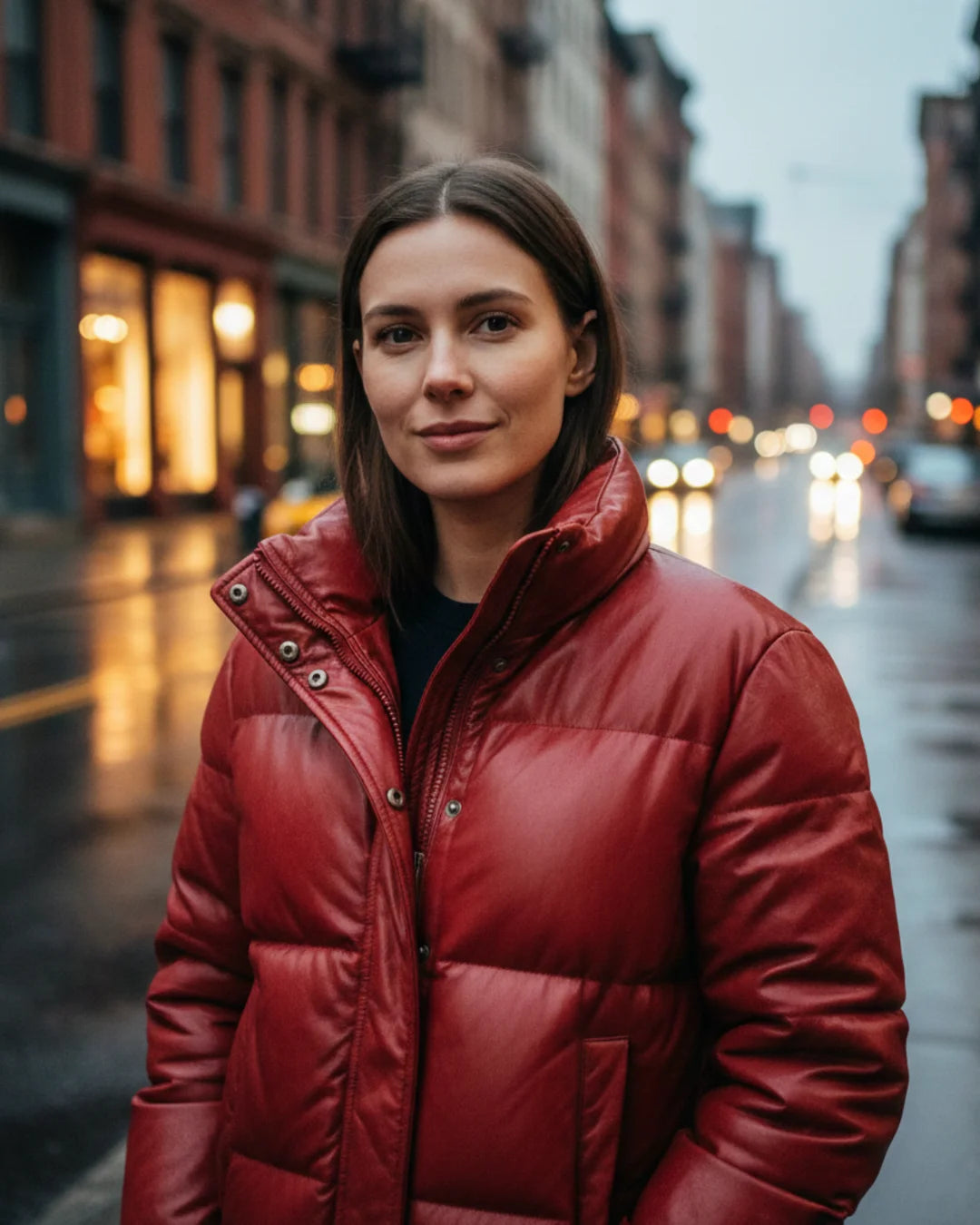 Women’s Red Lambskin Puffer Jacket