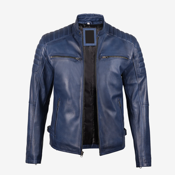 Men's Blue Lambskin Biker Leather Jacket