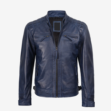 Men's Blue Lambskin Biker Leather Jacket