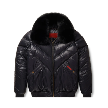 Men's Black Leather V-Bomber Puffer Jacket