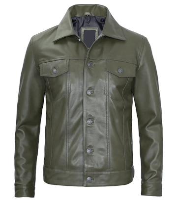 Men's Green Leather Trucker Jacket