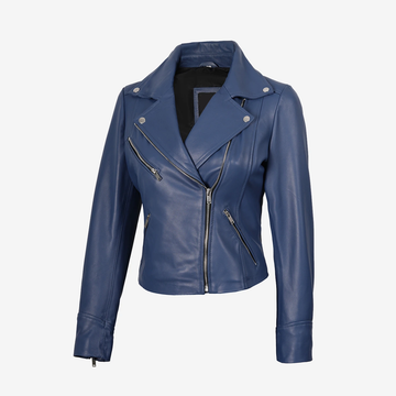 Women's Blue Cafe Racer Leather Jacket