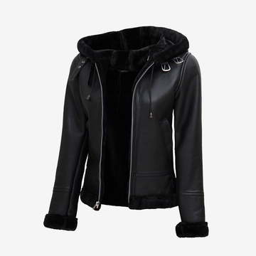 Women's Black Leather Shearling Hooded Jacket