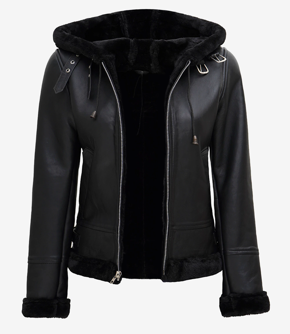 Women's Black Leather Shearling Hooded Jacket
