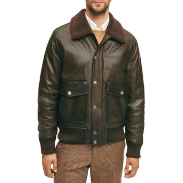 Men's Brown Bomber Fur Collar Leather Jacket