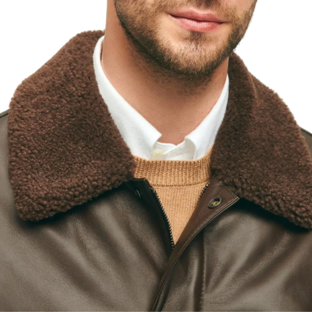 Men's Brown Bomber Fur Collar Leather Jacket