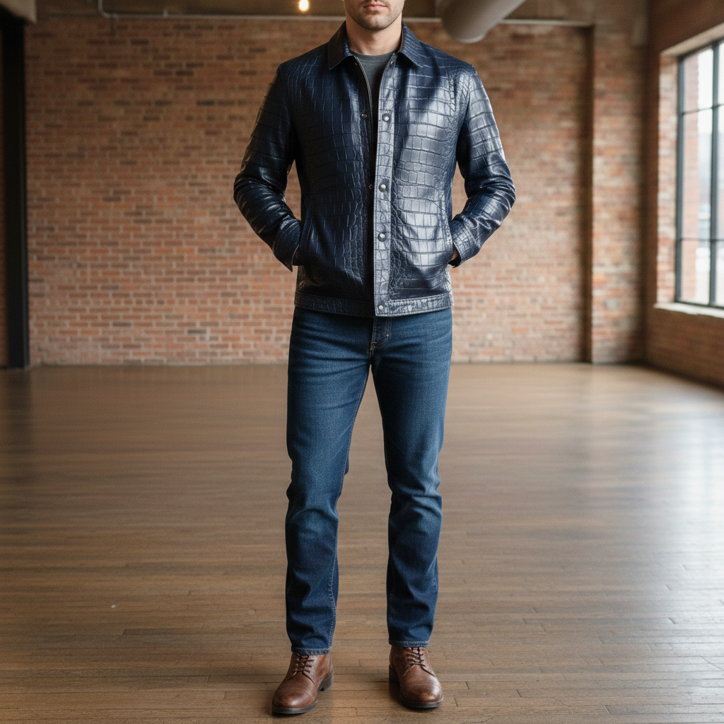 Luxury Blue Crocodile Embossed Leather Jacket