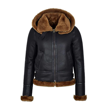 Women's Black Leather Hooded Shearling Jacket