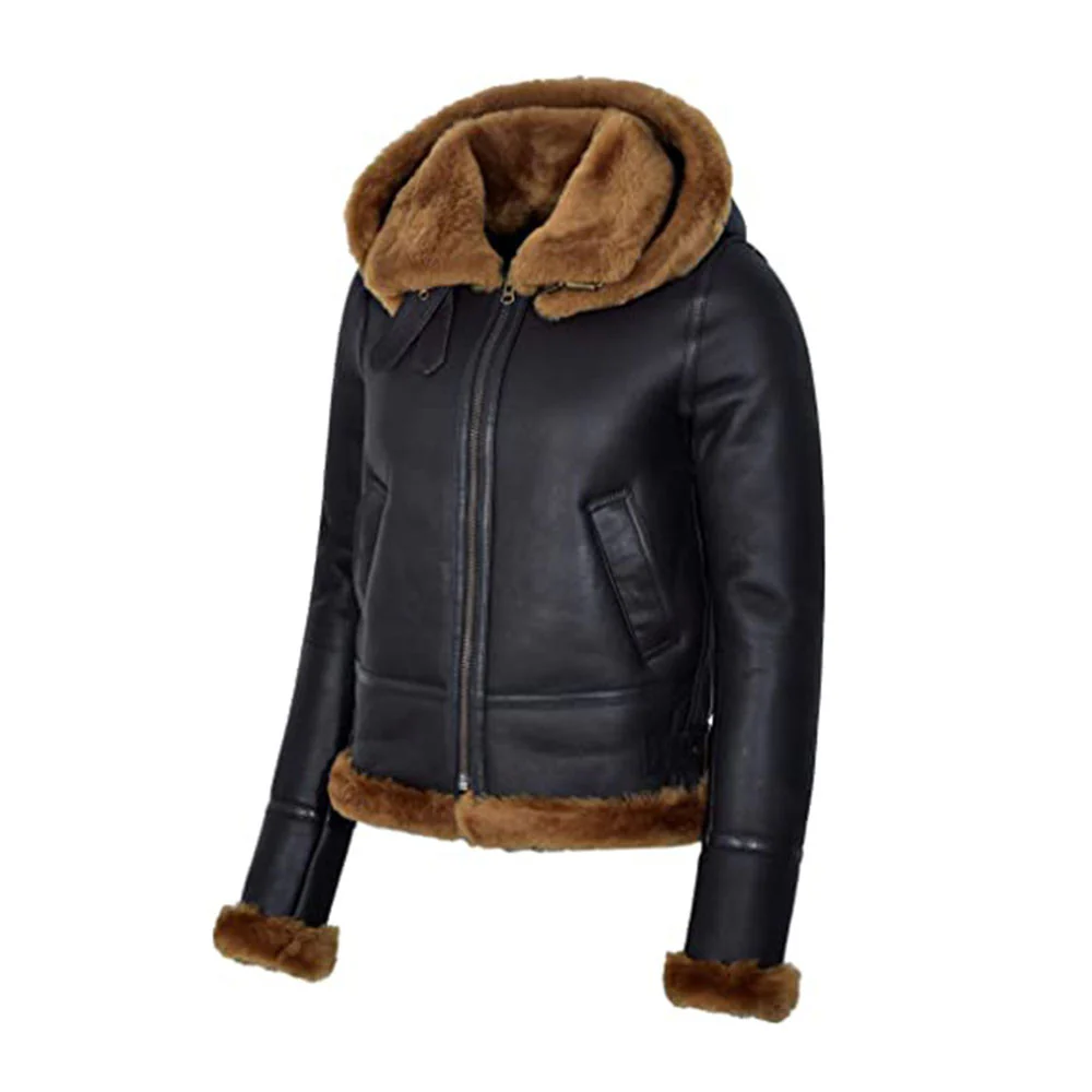 Women's Black Leather Hooded Shearling Jacket