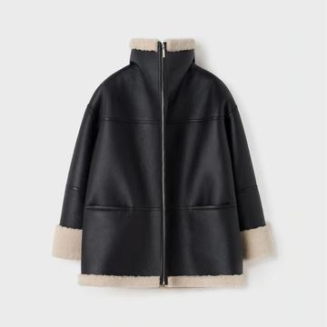 Women's Black Leather Oversized Shearling Jacket