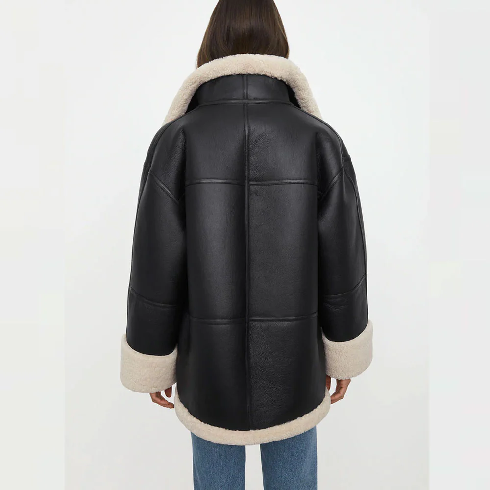 Women's Black Leather Oversized Shearling Jacket