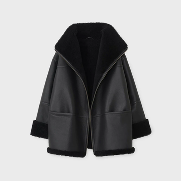 Women's Black Oversized Shearling Leather Jacket