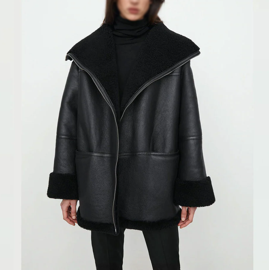 Women's Black Oversized Shearling Leather Jacket