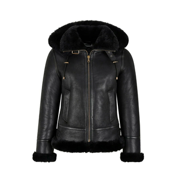 Women's Black Leather Shearling Hooded Jacket
