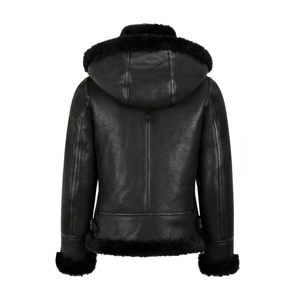 Women's Black Leather Shearling Hooded Jacket